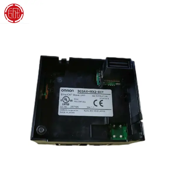 Omron 3G3AX-MX2-ECT — front view of the option card showing the two RJ45 EtherCAT ports, the ECT designation on the front face, and the edge connector to the host drive option slot