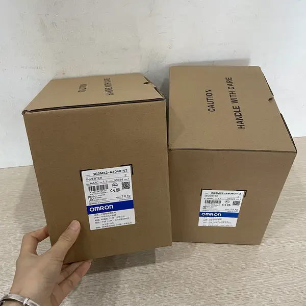 Omron 3G3MX2-A4040-V2 MX2 V2 inverter in its shipping carton with the type label visible