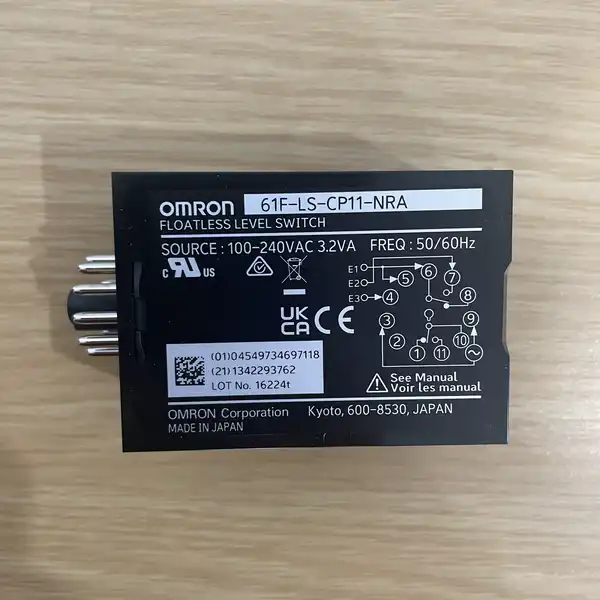Omron 61F-LS-CP11-NRA — front face of the compact floatless controller showing the sensitivity dial and operation / power LEDs