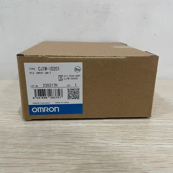 Omron CJ1W-ID201 CJ-series 8-point DC input unit in shipping carton with the type label visible