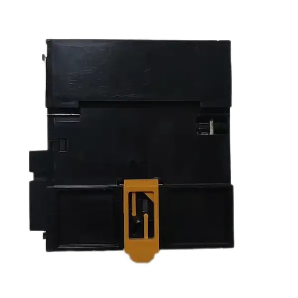 Top-down view of the Omron CJ1W-PA205R power supply showing the orange DIN-rail release lever centred on the front face