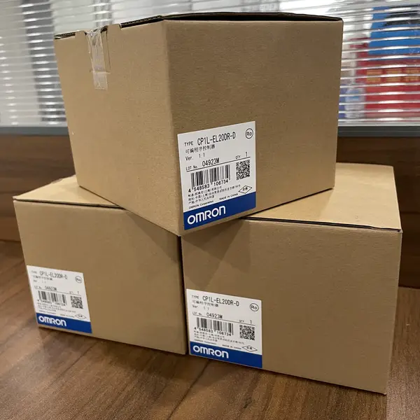 Omron CP1L-EL20DR-D Compact PLC with Built-In Ethernet and Relay Outputs — front face with status LEDs, mode switch, and removable terminal blocks