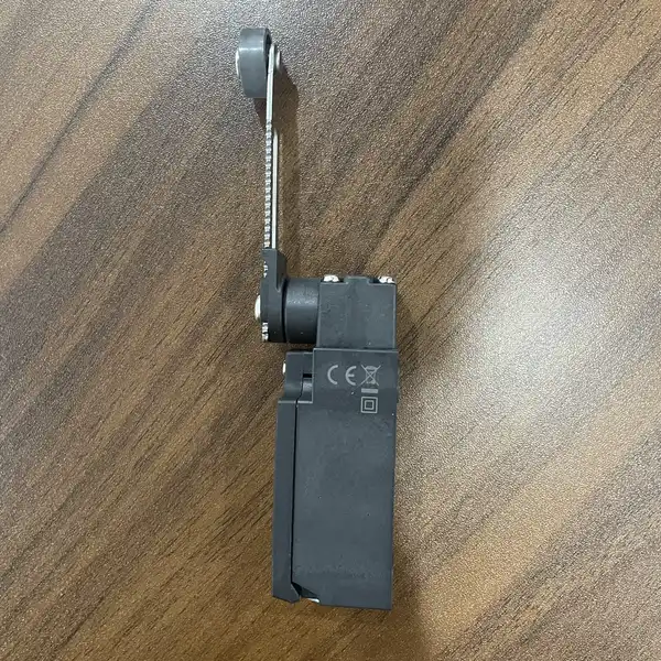 Omron D4N-112G safety limit switch — front view showing the compact 31 × 73 × 45 mm plastic housing with the adjustable roller lever at the top and the Pg13.5 conduit entry at the bottom