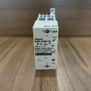 Omron G3PA-220B-VD-X DC5-24V solid state relay — front view showing the screw-terminal input (5-24 VDC) on top and screw-terminal load output (24-240 VAC) on bottom, with green LED indicator lit on the front face