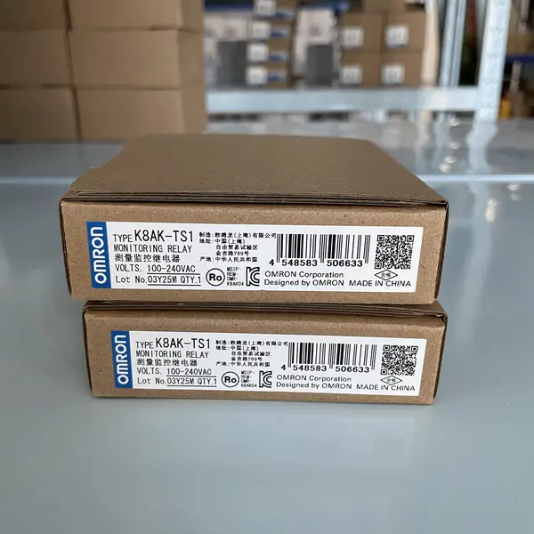 Omron K8AK-TS1 100-240VAC PTC thermistor motor protection relay in the shipping carton with the type label visible