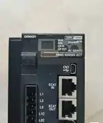 Omron 1S-series servo drive front face showing the OMRON wordmark / 200 V 750 W label / RUN ERR L/A IN L/A OUT ADR status LEDs and 2-digit 7-segment display / EtherCAT label / AC SERVO / R88D-KN08H-ECT / CN7 mini-USB console port / ECAT IN RJ45 / ECAT OUT RJ45 shielded EtherCAT ports / L1 L2 L3 L1C L2C push-in power terminal block on the lower left