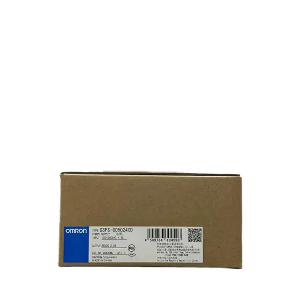 Omron S8FS-G05024CD — sealed carton label showing 24 VDC and 2.2 A output