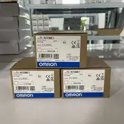 Omron TL-N10ME1 30 mm rectangular inductive sensor — rear view showing the 2 m oil-resistant PVC cable exiting the rear face with brown (+V), blue (0V), and black (output) conductors visible per IEC 60947-5-2