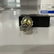 Omron Z-15GQ22-B basic switch — front view showing the compact 35 × 50 × 18 mm phenolic resin body with the M12 hex nut on the front face (for panel mounting), the roller plunger actuator extended, and the screw-terminal access on the back